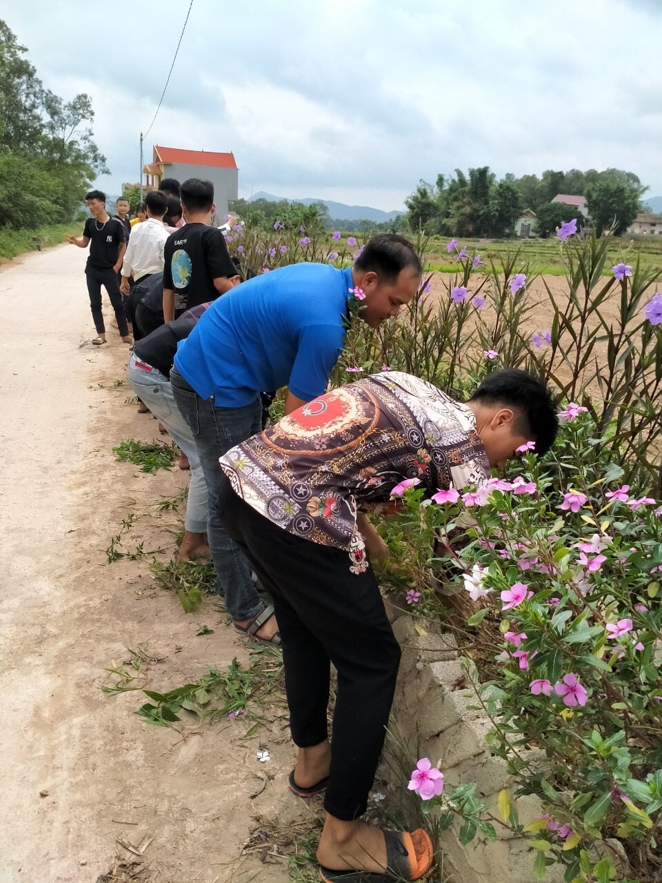 các đoàn viên tham gia nhặt cỏ đường hoa thôn Bản Quyến